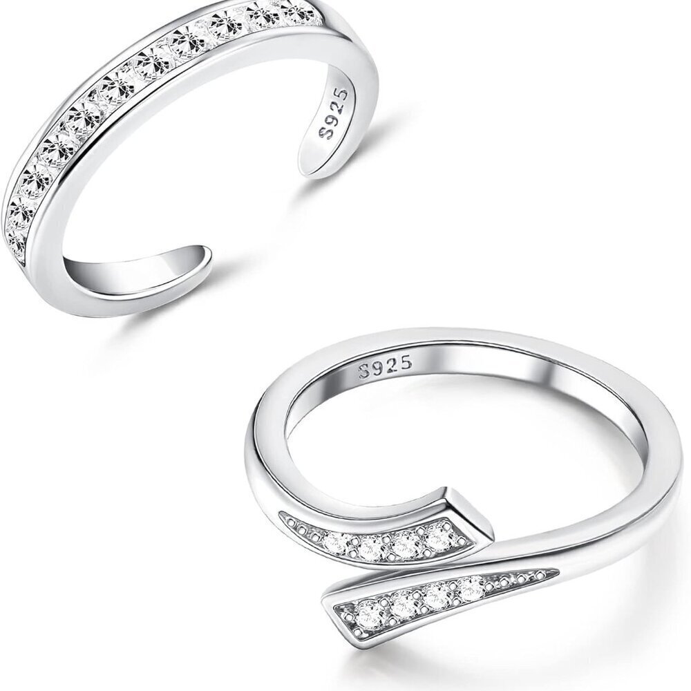 Sterling Silver Toe Rings Set Adjustable Cubic Zirconia Summer Barefoot Jewelry